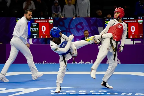 Daniel Balli lands a kick in the Round of 64, World Junior Championships 2026, Tashkent
