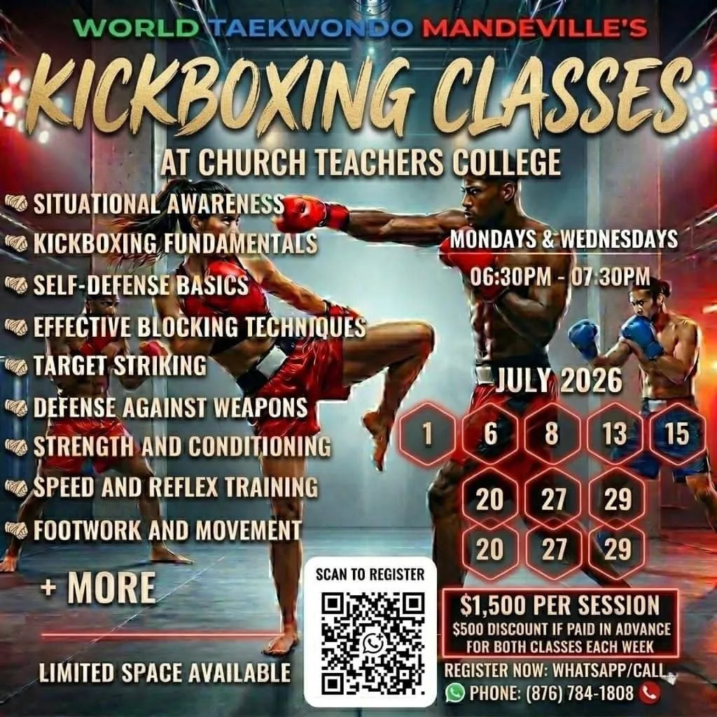 Official World Taekwondo Mandeville Kickboxing flyer listing schedule, curriculum, and pricing